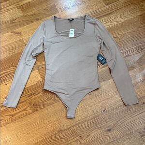 Express Body Contour Long Sleeve Square Neck Thong Bodysuit Taupe Size Small NWT